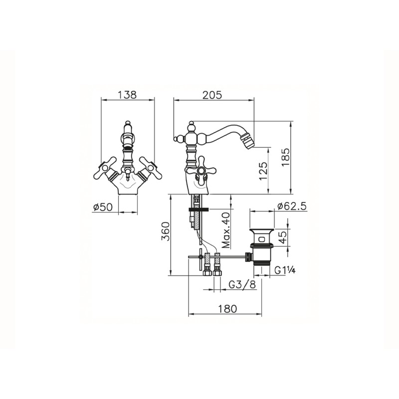 Zweigriff-Bidetarmaturen Bidet Mixer im Vintage Design Huber Croisette CS00055021