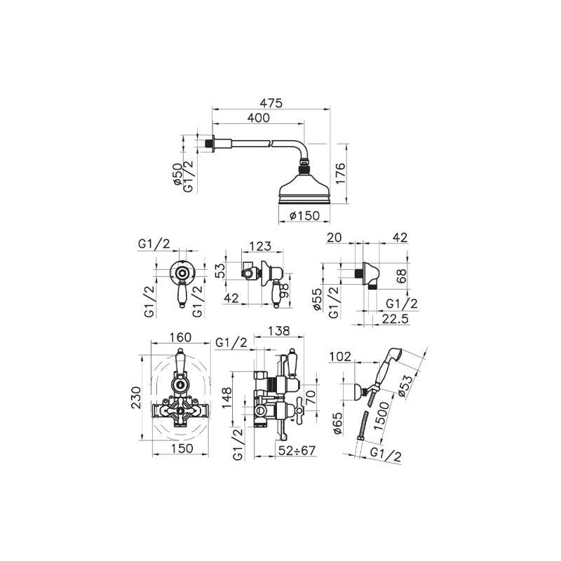 Full Shower Kit Complete set thermostatic built-in shower mixer Huber Croisette 913.CS01H.CR