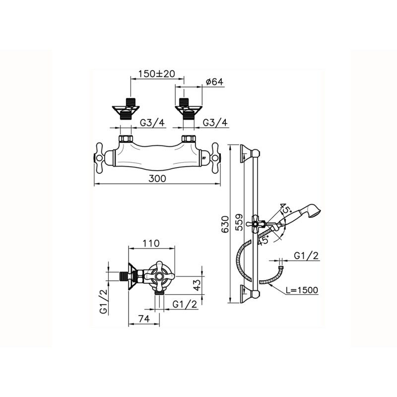 Kit Douche Set mélangeur thermostatique avec barre de douche Huber Croisette CSS0101021