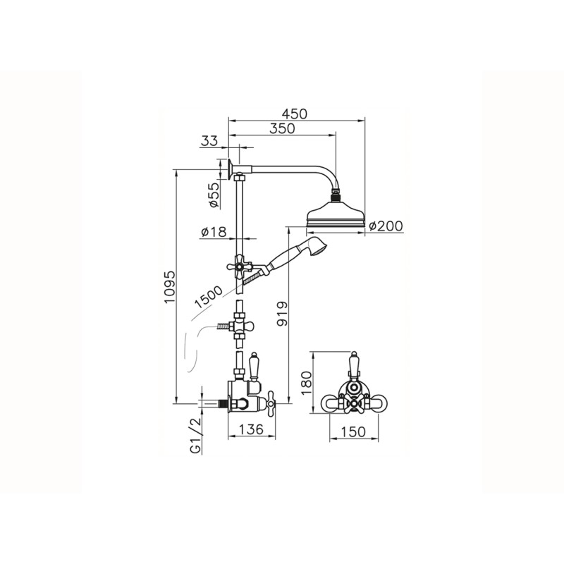 Shower pillars with the blender Shower column with thermostatic mixer 2 functions Huber Croisette 590.CS21H.CR