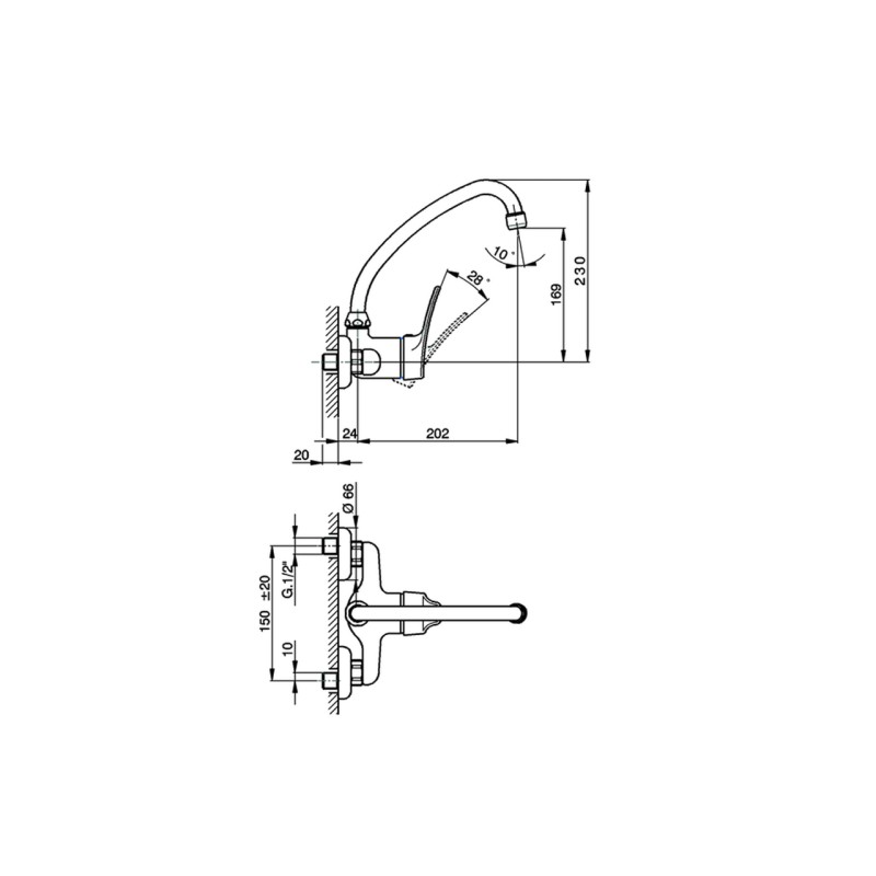 Grifos cocina de pared Mezclador monomando fregadero de pared con caño alto Huber Kitchen FU70041121