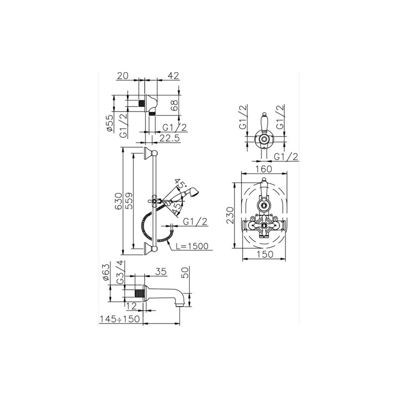 Full Shower Kit Complete set thermostatic built-in bat mixer Huber Croisette 914.CS01H.CR