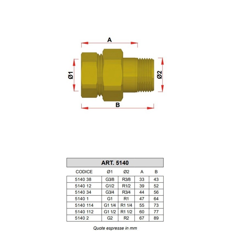 Raccords hydrauliques droits Raccord 3-pièces droit en laiton jaune FAR5140