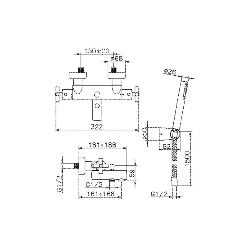 Robinets de bain thermostatiques Mitigeur thermostatique de bain avec poignées croisées Huber Suite SUD2801021