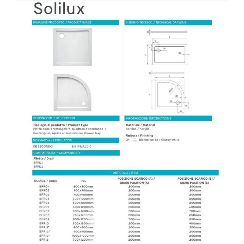 Piatti doccia Quadrati Piatto doccia rettangolare 70X90 cm colore bianco in resina Ercos Solilux BPR03