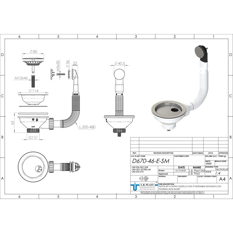 Drains for sinks Drain Ø114 for sink hole Ø 90 with overflow L.B. PLAST D670-46-E-SM