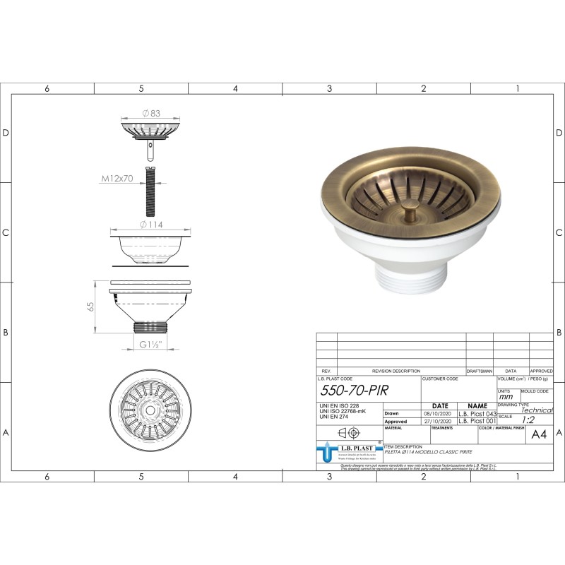 Scarichi per lavelli Piletta bronzo Ø114 per lavello foro Ø90 L.B. PLAST D550-70-PIR