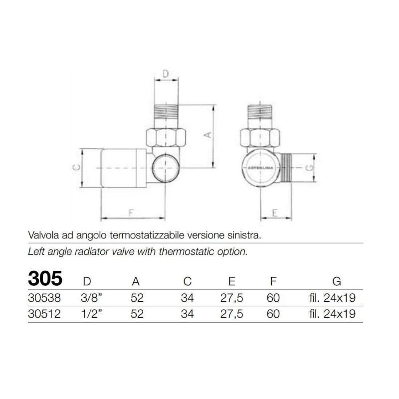 Rücklaufverschraubungen Eckanschluss-Heizkörperventil-Set 1/2"Gas Arteclima KITVAL1CR