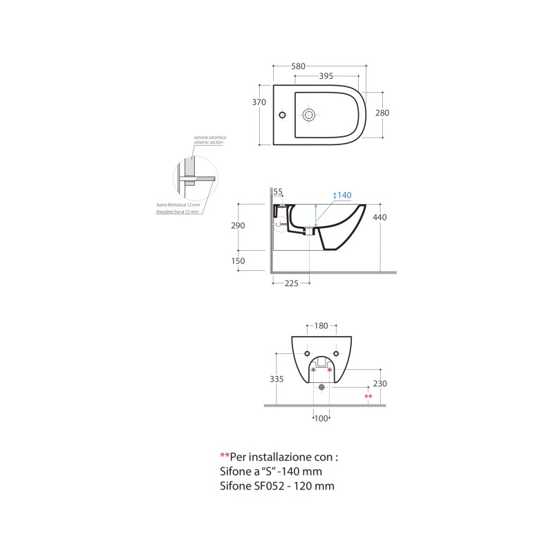 Suspended bidet Ceramic bidet wall hung installation 58.37 Globo stockholm LAS09BI