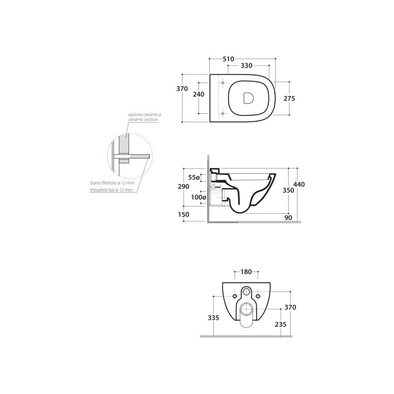 Suspended WC Wall-hung ceramic toilet 51.37 Globo Stockholm LAS03