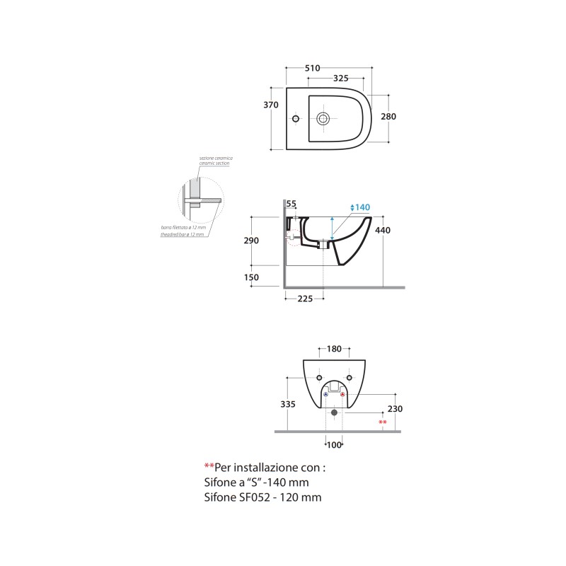 Suspended bidet Ceramic bidet wall hung installation 51.37 Globo stockholm LAS10BI