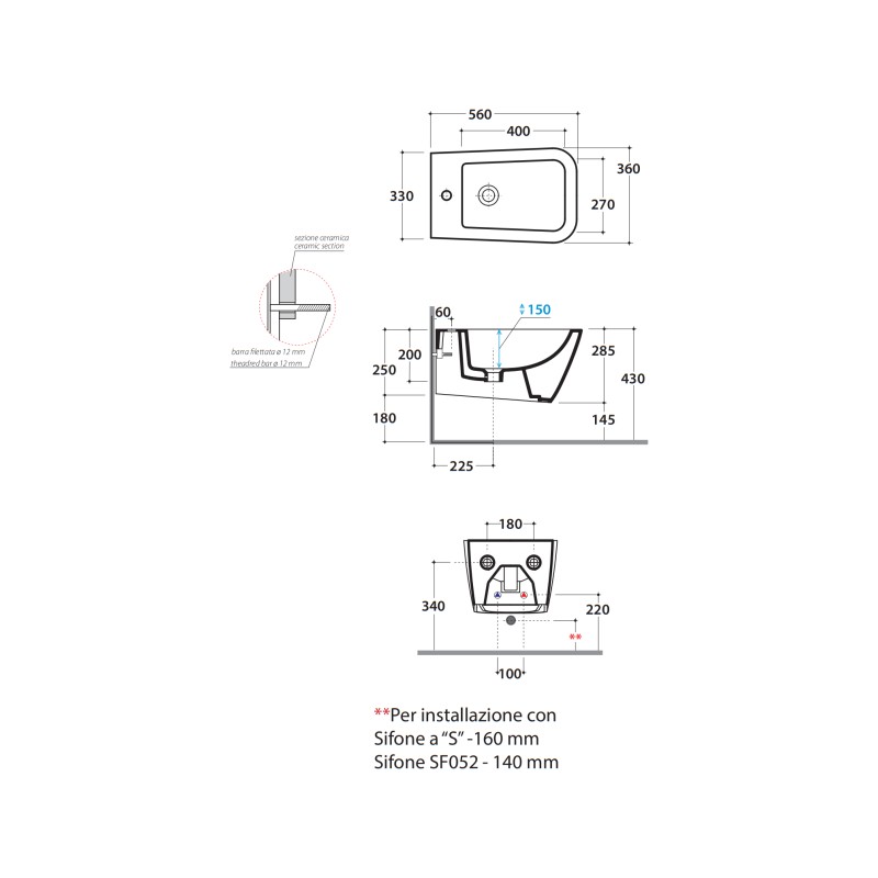 Suspended bidet Ceramic bidet suspended installation 56.36 Globo Stone STS09BI