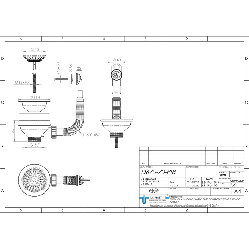 Drains pour éviers Vidage Ø114 pour évier trou Ø90 avec trop plein L.B. PLAST D670-70-PIR