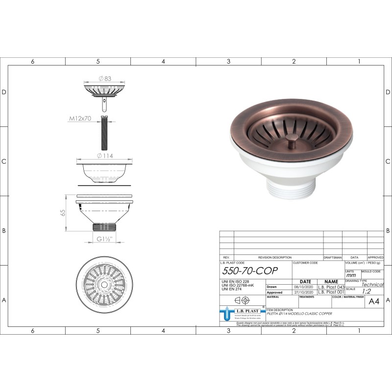 Drains for sinks Drain copper Ø114 for sink hole Ø 90 L.B. PLAST D550-70-COP