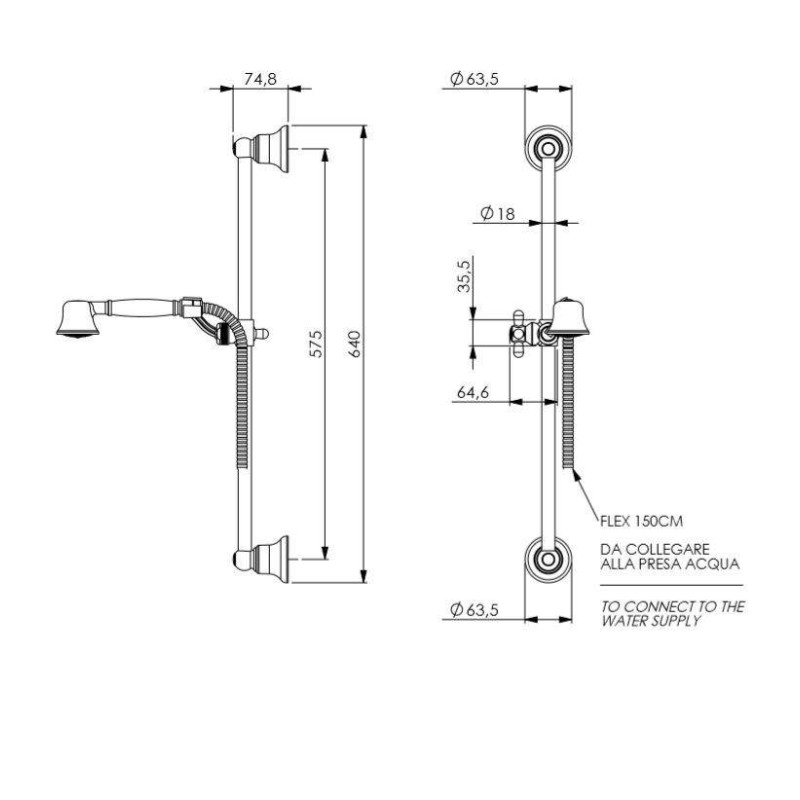 Latches Retro style brass shower rail in gold colour Damast Antico 14733