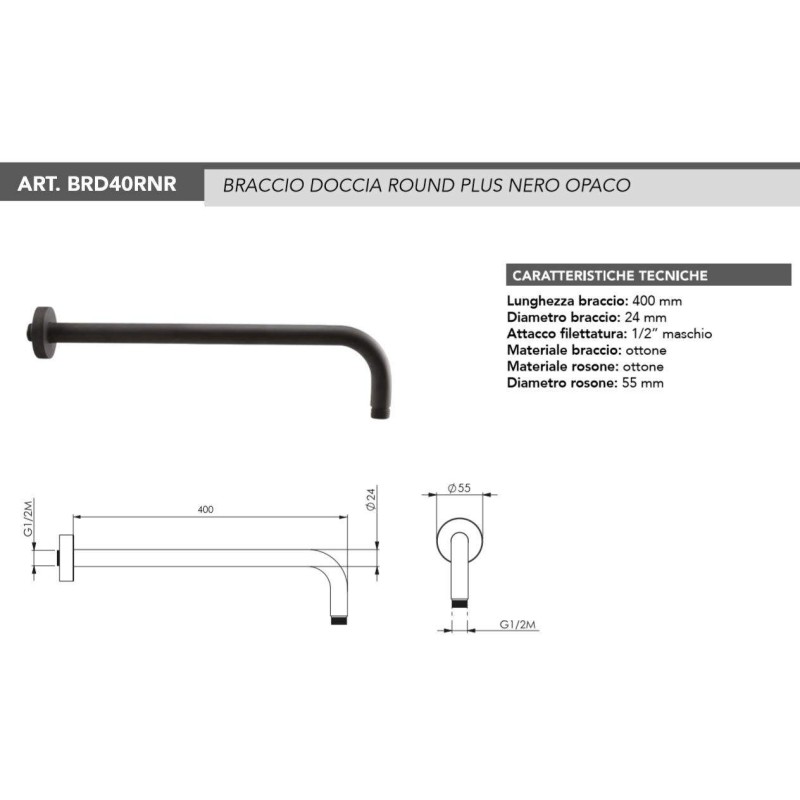 Pommes de douche avec bras Bras de douche rond noir mat, dimensions 400 mm Tecom BRD40RNR