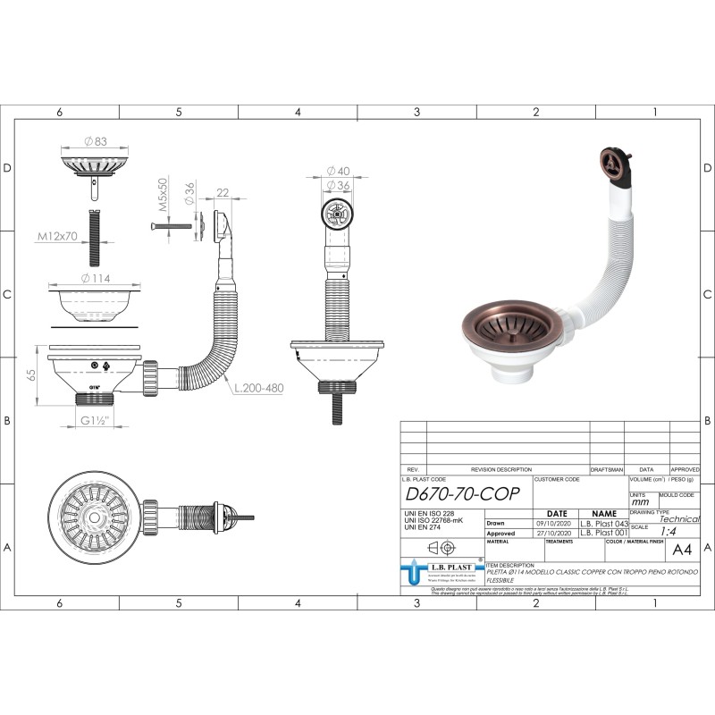 Drains pour éviers Bonde en cuivre Ø114 pour trou d'évier Ø90 avec trop-plein L.B. PLAST D670-70-COP