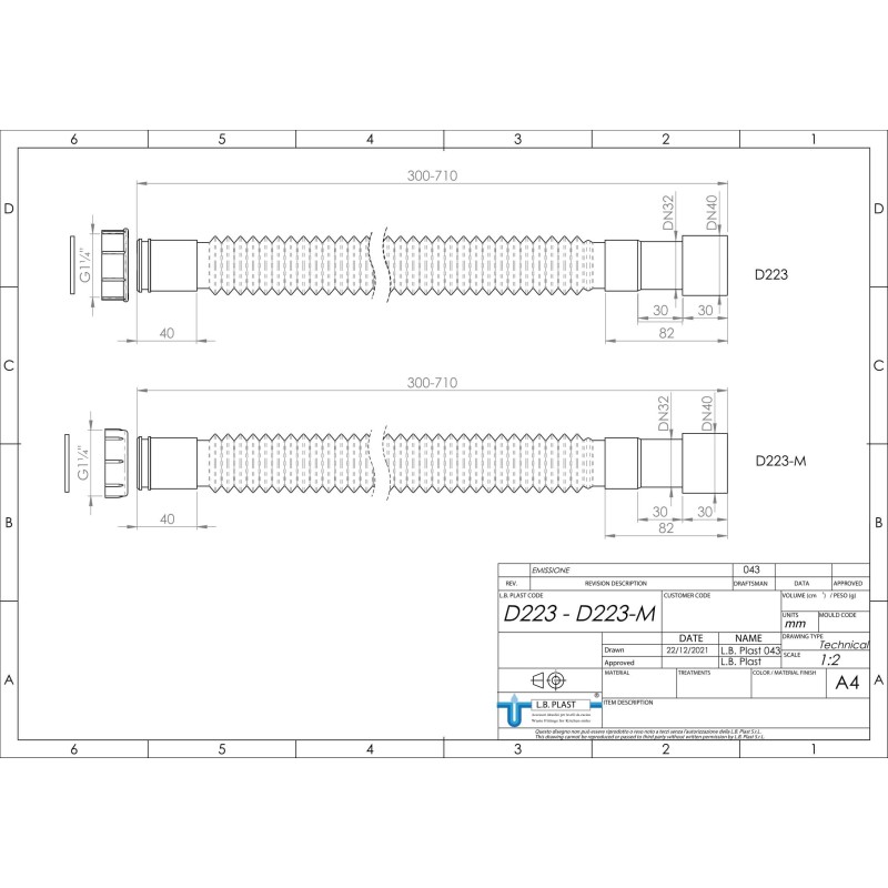 Sifones desagües y válvulas Manguera de desagüe flexible con conexión 1"1/4 y salidas de Ø32 y Ø40 mm L.B. PLAST D223-M