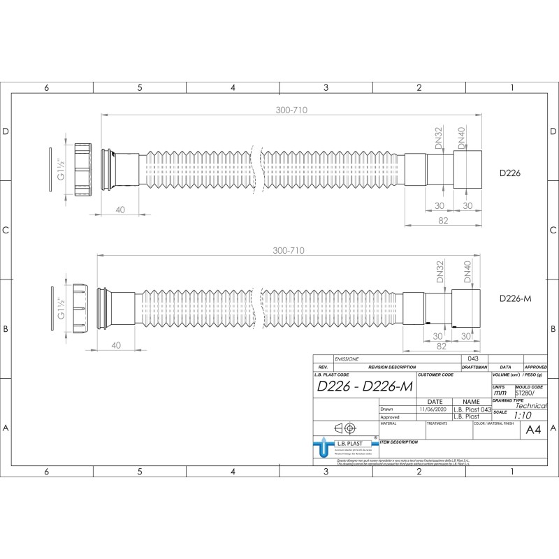 Siphons, discharges and drains Flexible drain hose with 1"1/2 connection and Ø32 and Ø40 mm outlets L.B. PLAST D226-M