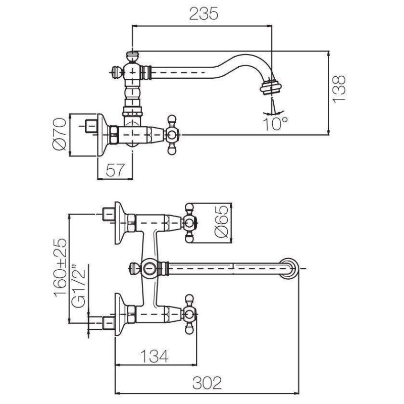 Küchenarmaturen Wandmontage Doppelgriffhahn für Küchenspüle in Chromfarbe Porta&Bini Old Fashion 62551CR