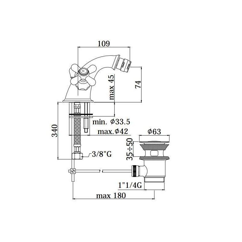 Bidet mixer two Handle Double lever tap in copper color complete with pop-up wastePaffoni Iris IRV125RM