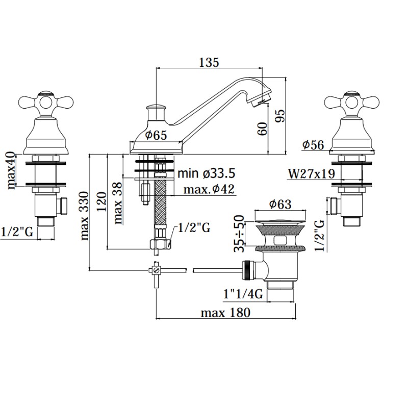 Robinets de lavabo 3 composants Robinet de lavabo trois trous couleur cuivre avec bec bas Paffoni Iris IRV058RM