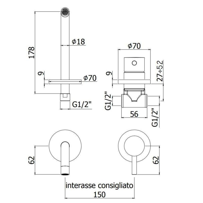 Grifo lavabo de pared Mezclador de lavabo de pared en color acero cepillado, caño 175 mm Paffoni Light LIG006ST70