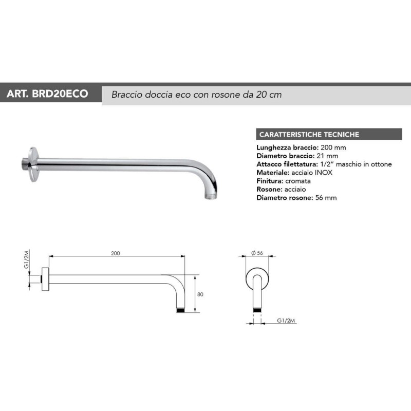 Bracci Per Soffione Doccia Braccio doccia in acciaio inox 20 cm 1/2" Gas Tecom BRD20ECO