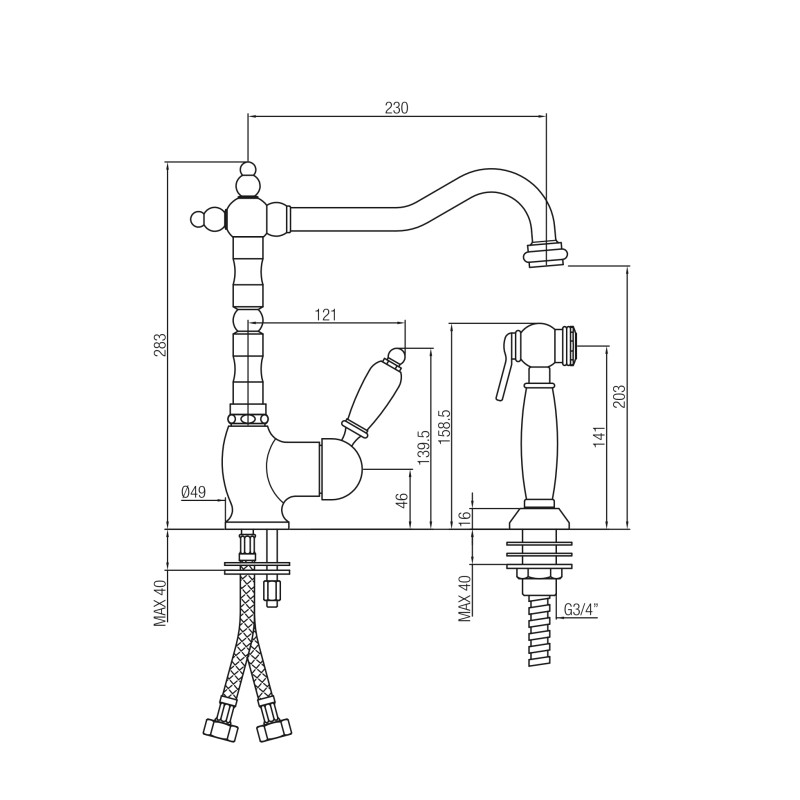 Kitchen taps with shower head Kitchen sink mixer with gold color pull-out external shower Porta & Bini New Old 50478DO