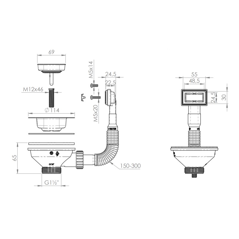 Drains pour éviers Piletta Ø114 pour évier trou Ø90 avec trop plein L.B. PLAST D601-M-CV