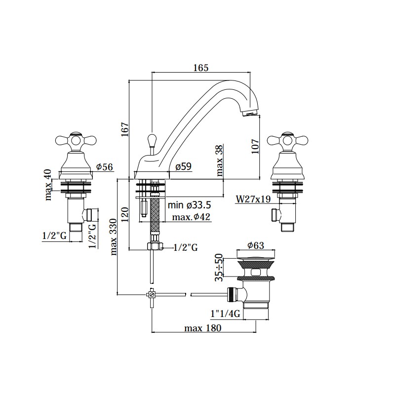 Rubinetti lavabo 3 fori Miscelatore lavabo 3 fori colore rame Paffoni Iris IRV055RM