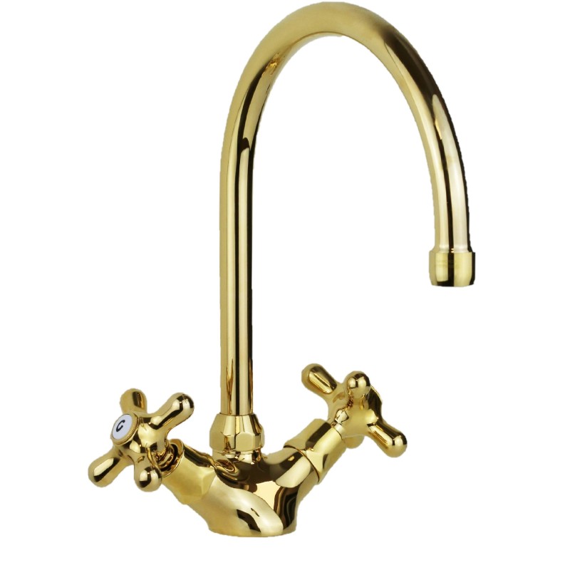 traditional kitchen taps Double lever kitchen sink tap with gold color swivel spout Paffoni Iris IRV180GF