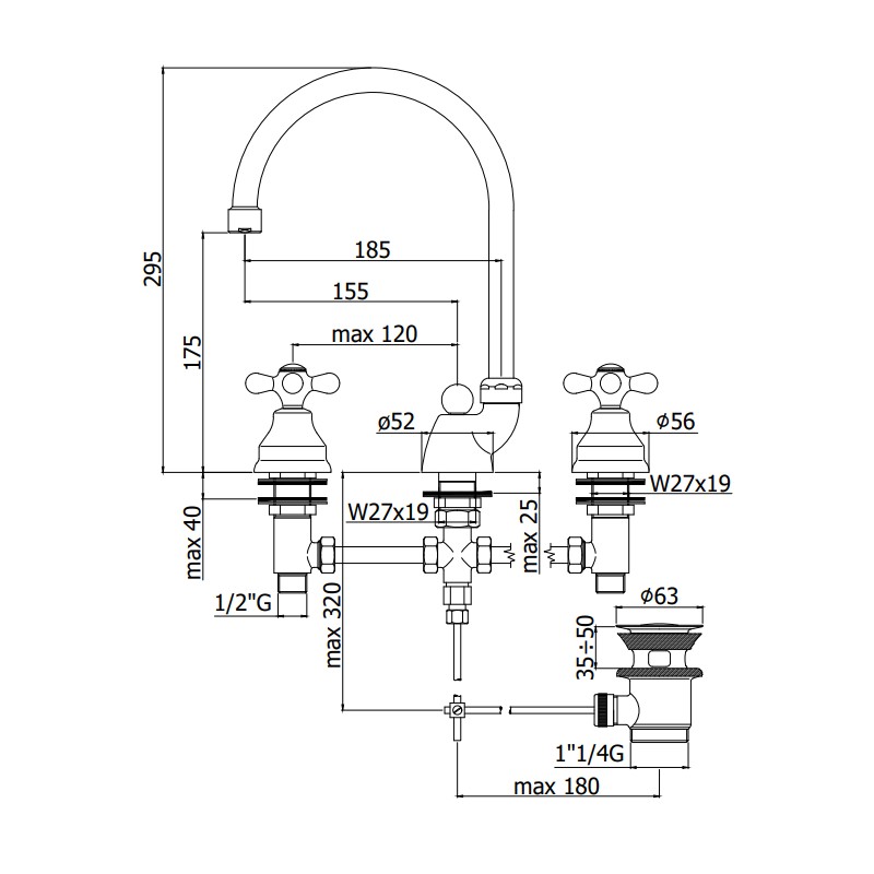 Robinets de lavabo 3 composants Mitigeur lavabo 3 trous à double levier, bec haut orientable, couleur cuivre Paffoni Iris IRV057