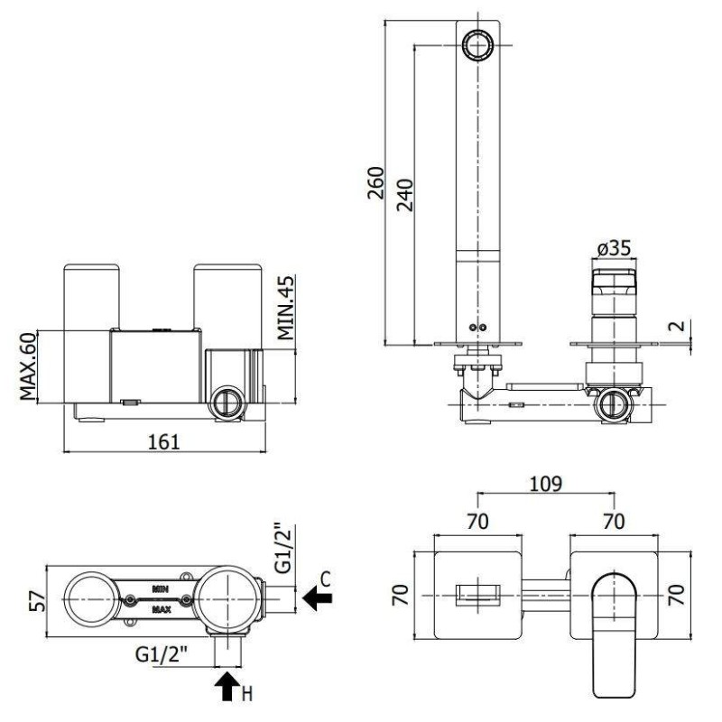 Grifo lavabo de pared Mezclador de lavabo de pared con 2 placas blanco mate 240 mm Paffoni TILT TI106BO70