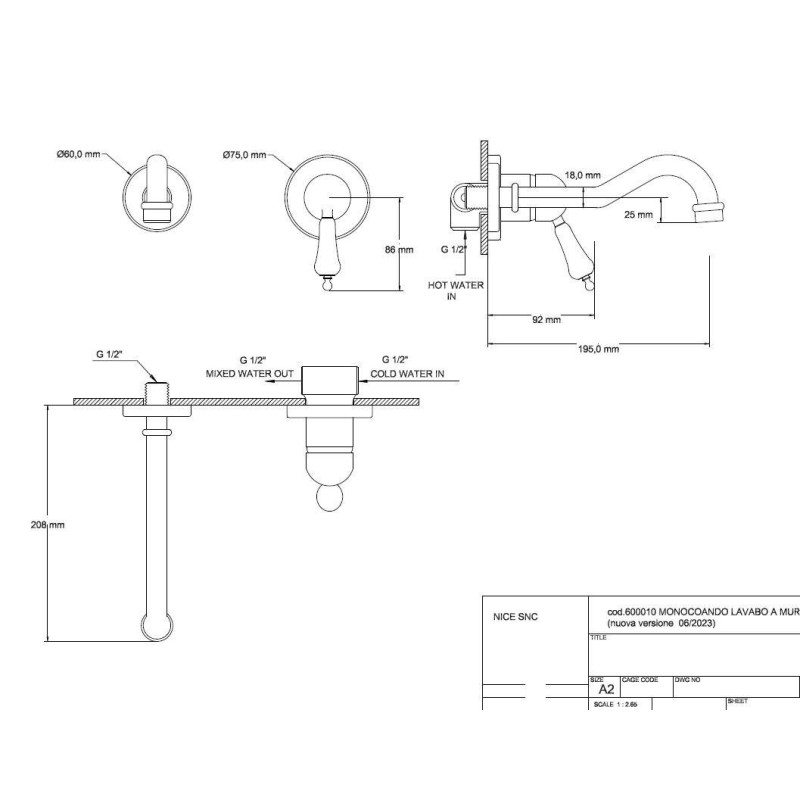 Rubinetti lavabo a parete Miscelatore per lavabo installazione a parete canna 20 cm Nice Funny 600010CB