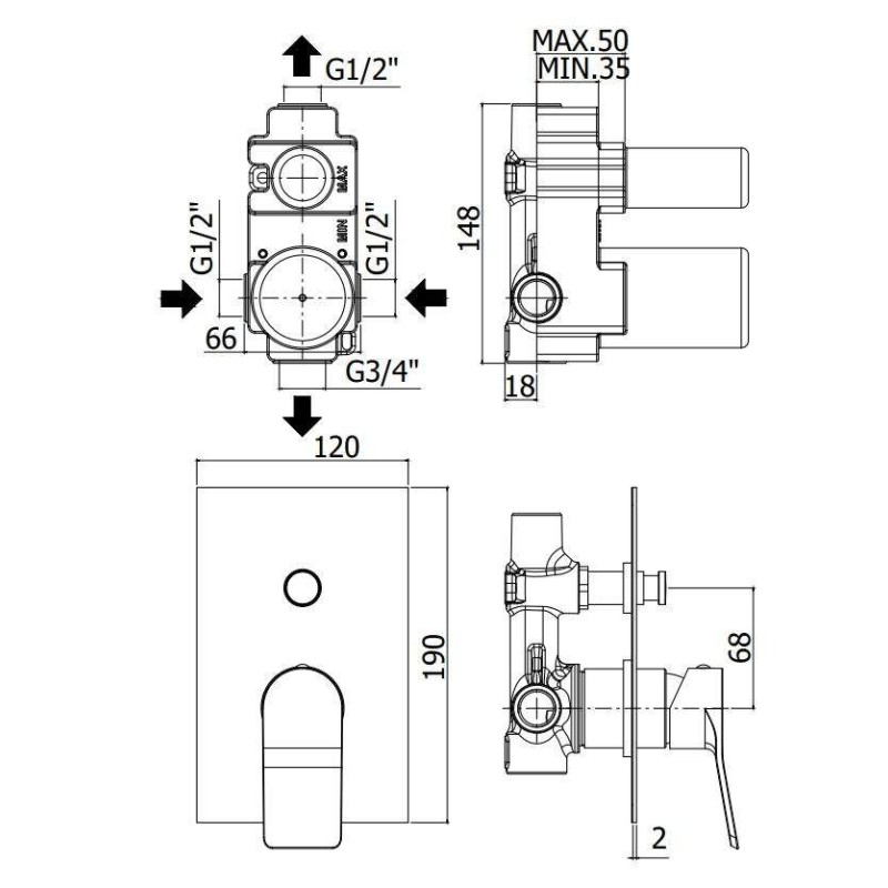 Built-in shower taps Built-in shower mixer with 2-way diverter in matt white Paffoni TILT TI015BO