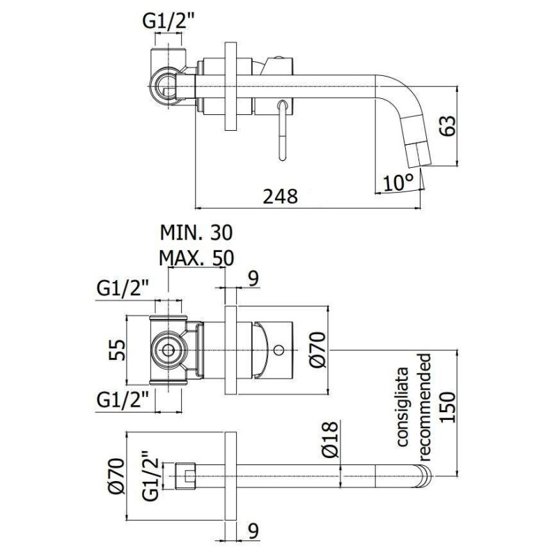 Grifo lavabo de pared Mezclador de lavabo de pared caño 248 mm negro mate Paffoni Joker JK007NO70