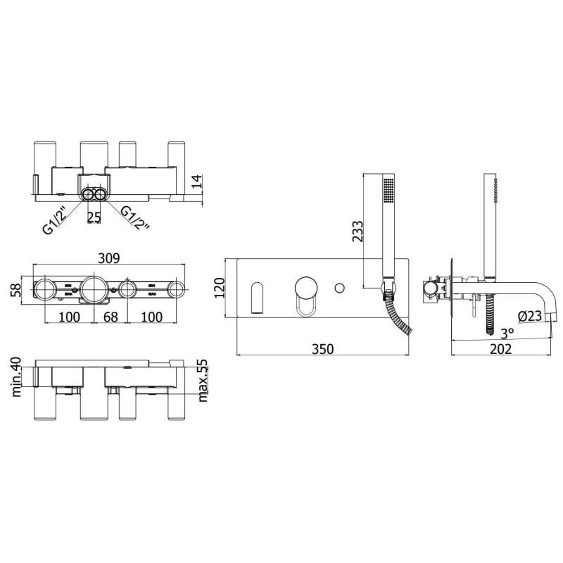 Einhebel Wannenarmaturen Wand-Wannenbatterie mit 2 Ausläufen und 202 mm langem Auslauf in Mattschwarz Paffoni Joker JK001NO