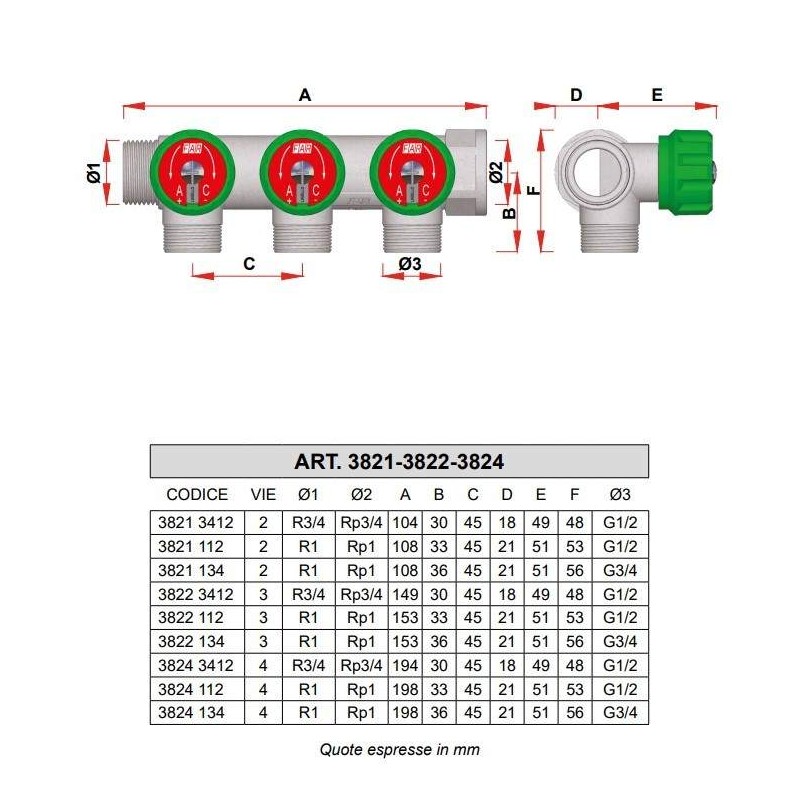 Colectores Colector modular cromado con 3 salidas de 1/2" Eurokonus FAR 3822 de 1/2"