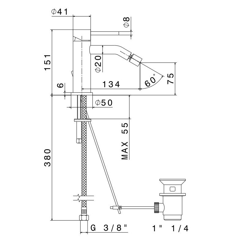 Einhebel-Bidetarmaturen Bidetmischer aus verchromtem Messing mit 1"1/4 Uberlaufgarnitur Newform X-STEEL 69623X.50.050