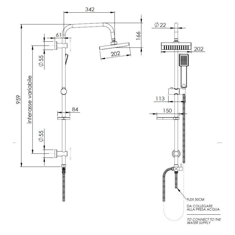 Shower pillars without the blender Shower column without mixer in chrome color, square model Damast Nature 18186