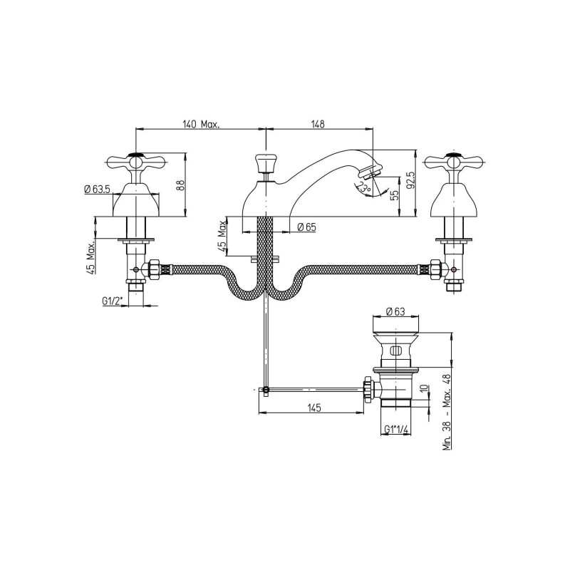 Grifo baño con 3 piezas Mezclador de lavabo de tres orificios Paini Liberty 17CR211