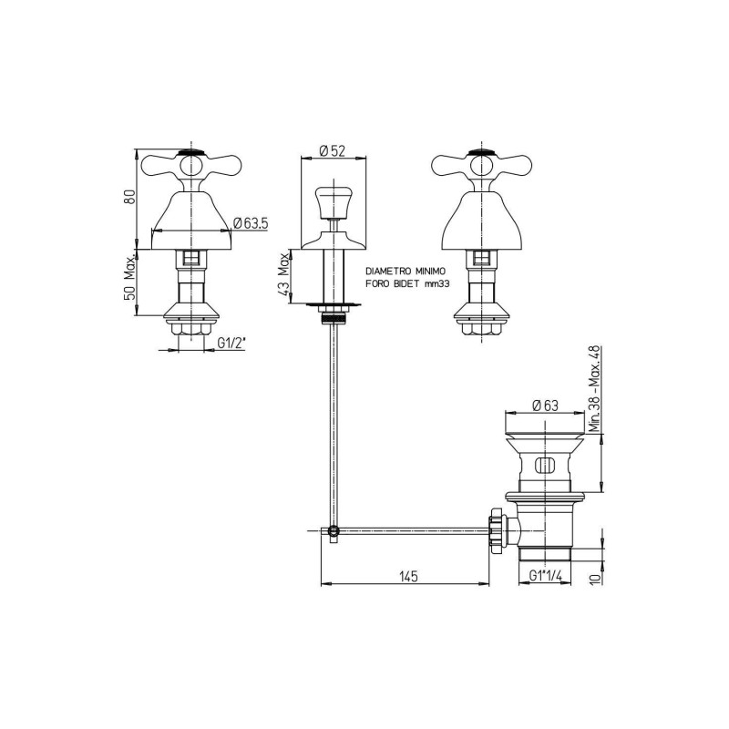 Dreiloch-Bidetarmaturen 3-Loch-Bidet-Set ohne Auslauf Paini Liberty 17CR306