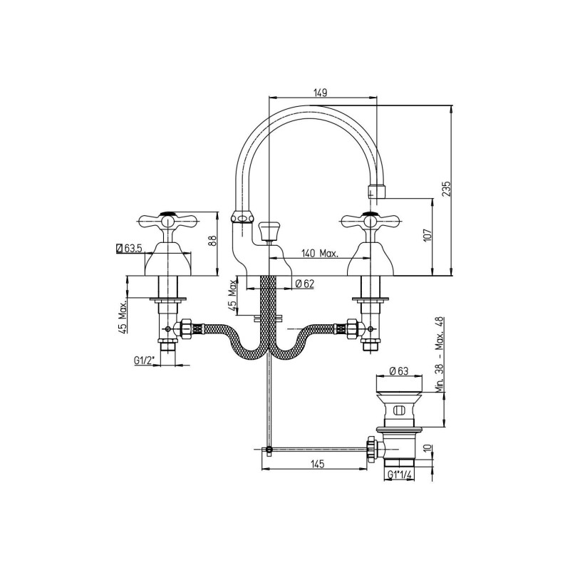 Drop-down sink taps 3-hole basin mixer with adjustable spout Paini Liberty 17CR214