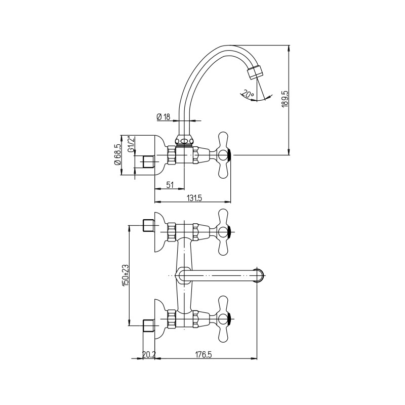 Grifos cocina de pared Mezclador de fregadero de cocina de pared con caño regulable Paini Liberty 17CR503