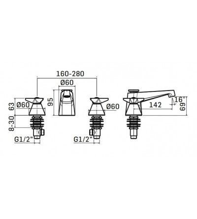 Robinet de salle de bain Ensemble de mitigeurs lavabo et bidet 3 trous et baignoire couleur laiton brossé Mamoli Gio Ponti KITGI