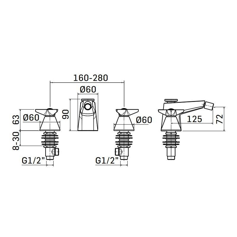 Bathroom Faucet Set Set aus 3-Loch-Waschtisch- und Bidetmischern und Badewanne in der Farbe gebürstetes Messing Mamoli Gio Ponti