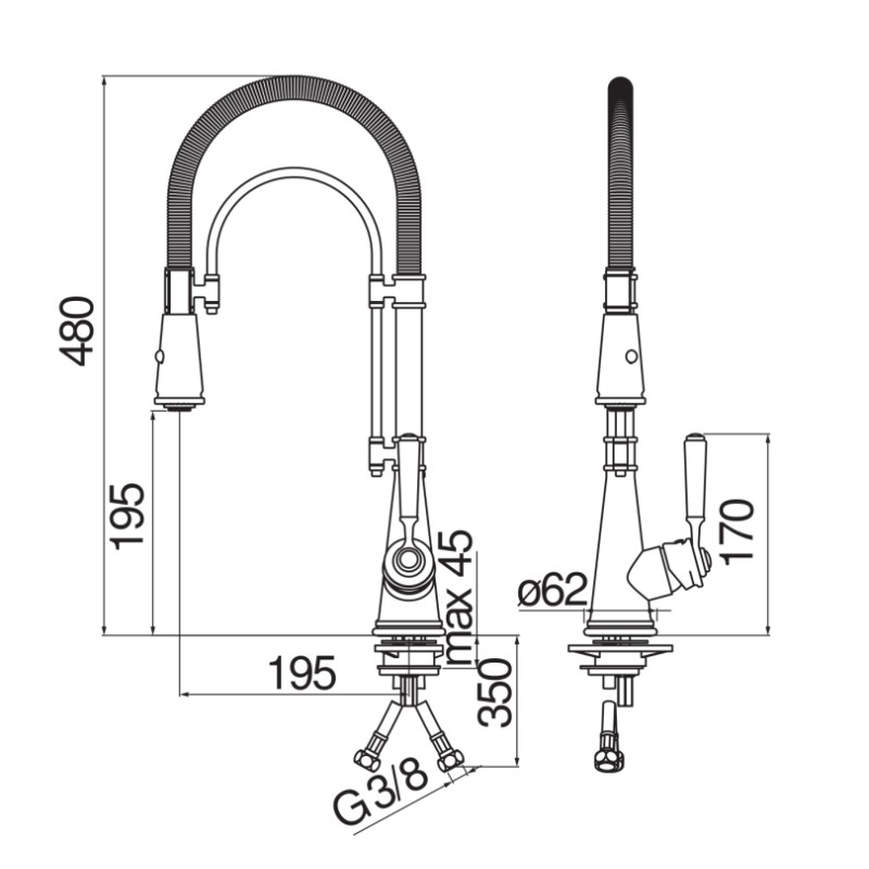 Robinets de cuisine avec ressort Mitigeur d'évier de cuisine de style rétro avec douche finition cuivre Nobili Charlie CH75500RA