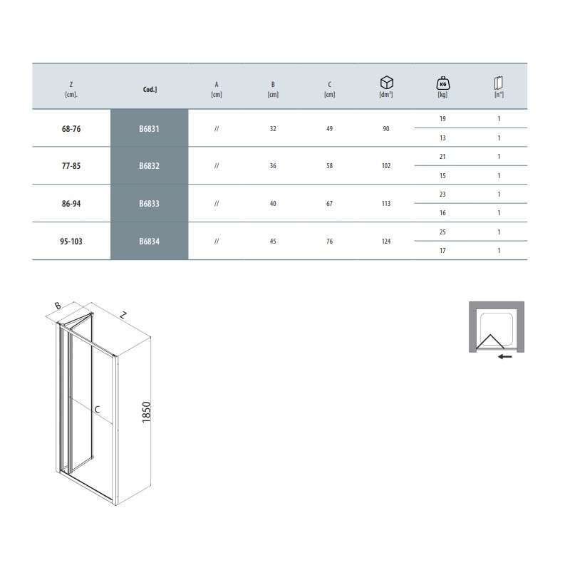 Cabine de douche pliante Porte de douche, installation dans niche de 80 cm avec ouverture rabattable Samo America B6832ULUTR