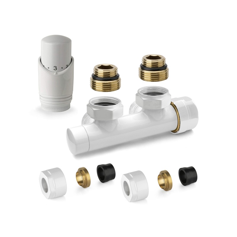 Valves for heated towel rails White thermostatic square H valve kit with adapter for copper pipes APM 343KB 015 R 12